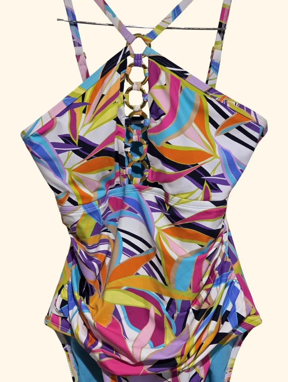 Bleu Rod Beattie‎ Tropical Floral Halter One Piece Swimsuit Multi Color Ring new